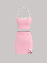 Women Butterfly Bow Decoration Halter Neck Tie Crop Top And Skirt Set